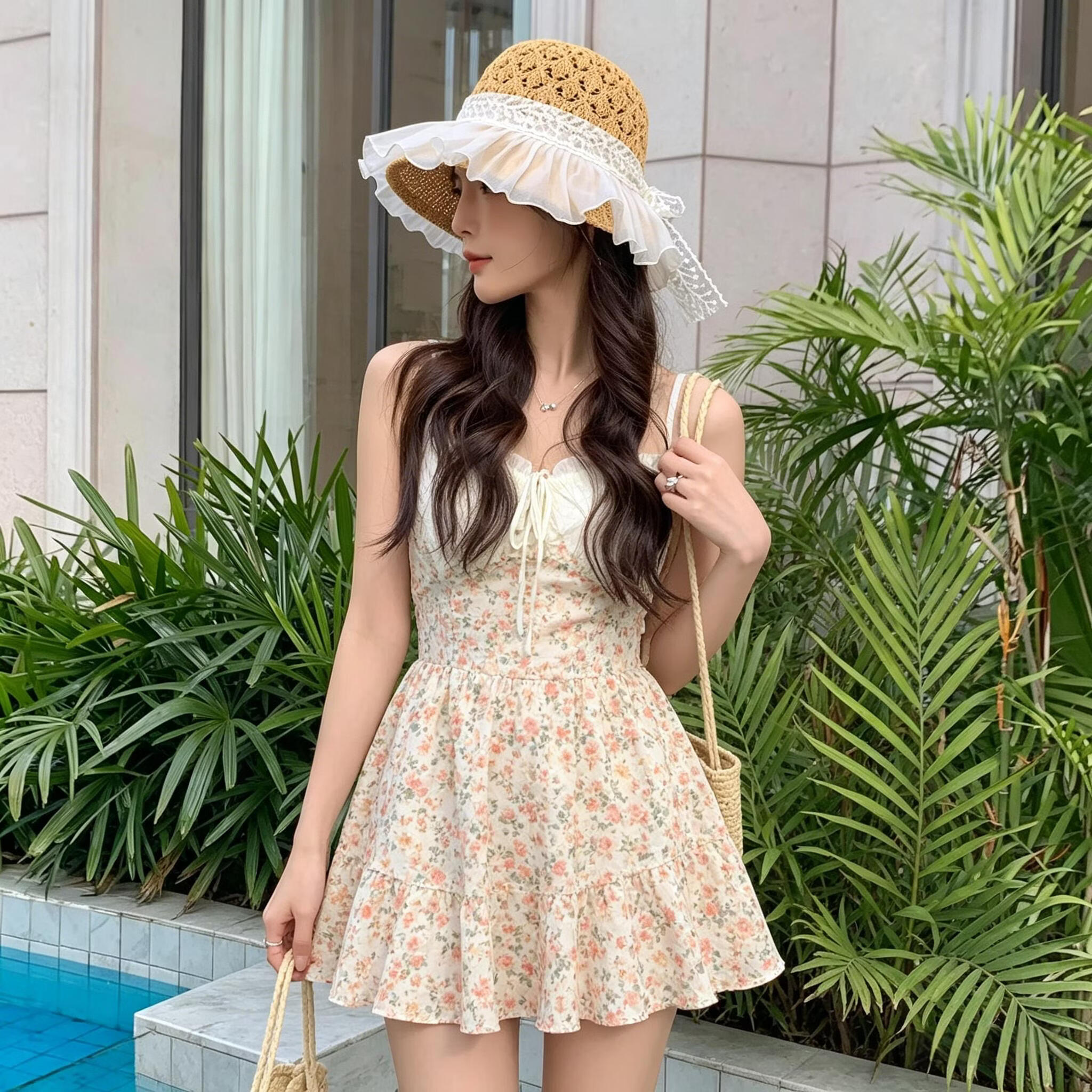 GLO-STORY Women's Lace Bow Straw Hat Summer Breathable Wide Brim Sunshade Sunscreen Beach Hat