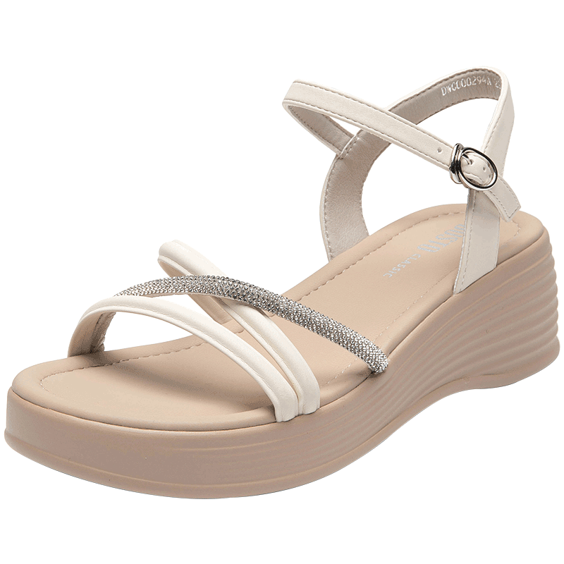 Dusto Dadong Women's Summer Flat Mid-Heel One-Strap Buckle Open-Toe Rhinestone Sandals Beige Size 37