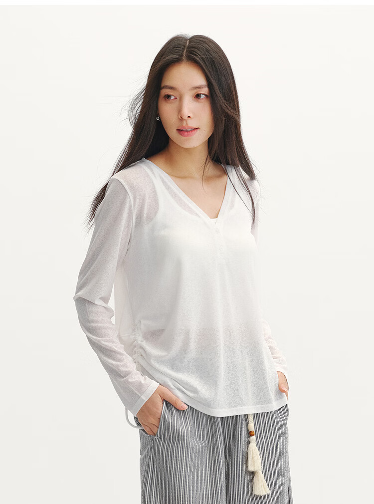 Semir Women's Long Sleeve Summer V-Neck Solid Color Linen-Like Loose Drawstring Blouse 2026 Gentle Top 109326101006 16