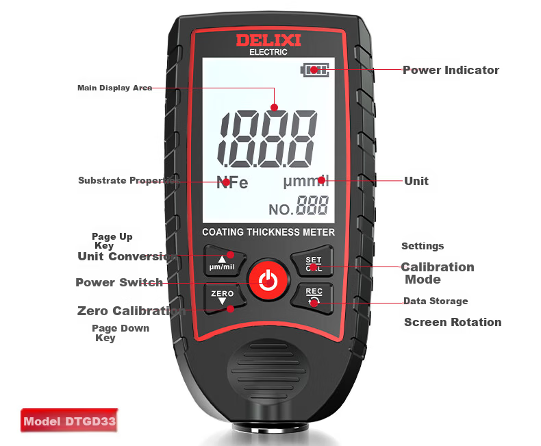 DELIXI ELECTRIC Digital Coating Thickness Gauge Automotive Paint Film Thickness Tester DTG D33 19
