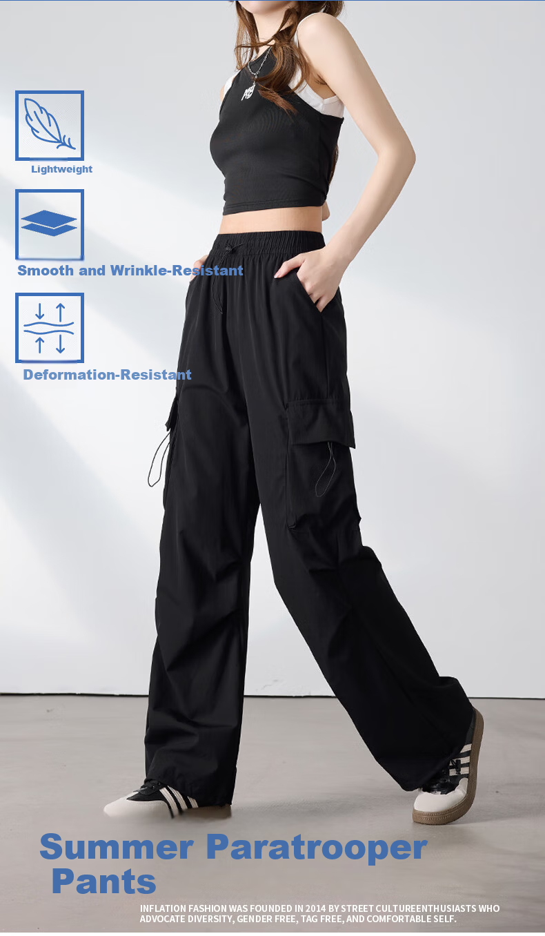 Langsha Women's American Style Parachute Work Pants Spring Summer Thin High Waist Wide Leg Loose Straight Casual Outdoor Sports Pants 2
