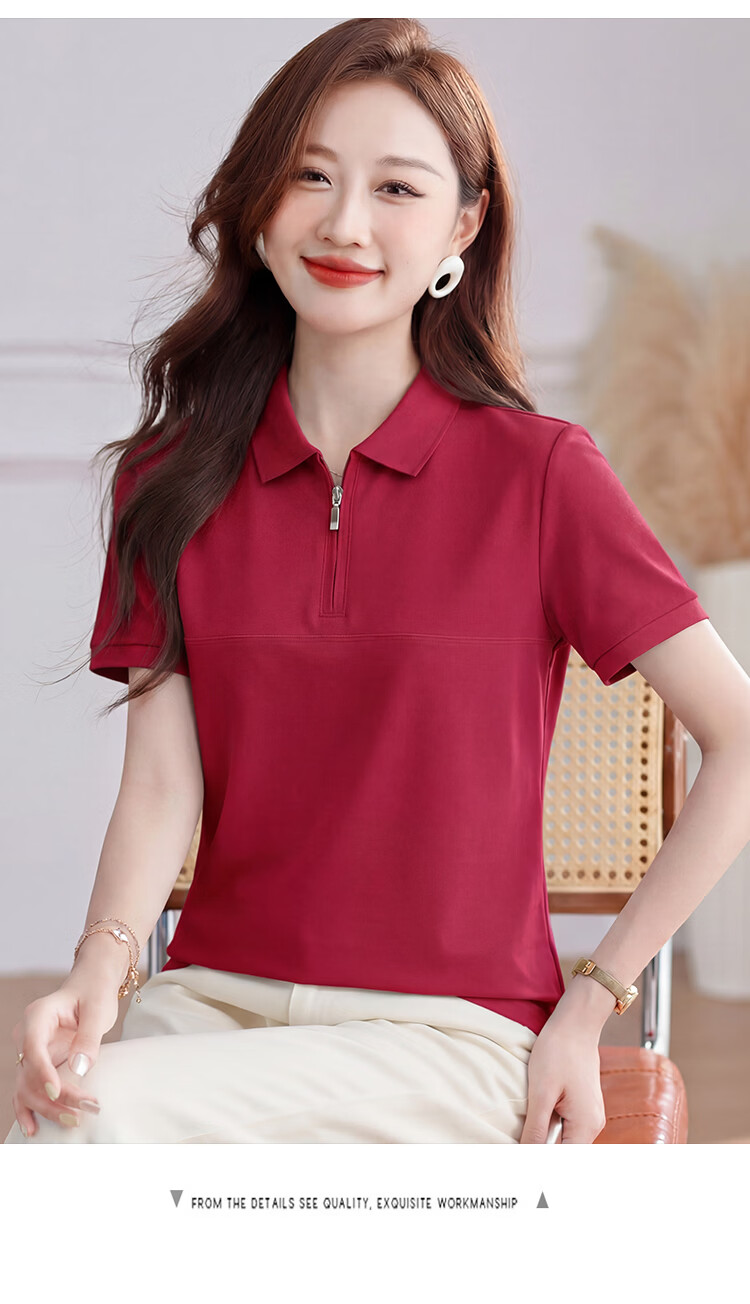 TUCANO Women's Short Sleeve Solid Color Antibacterial Half-Zip Polo Shirt Fashionable Versatile Top White XL 12
