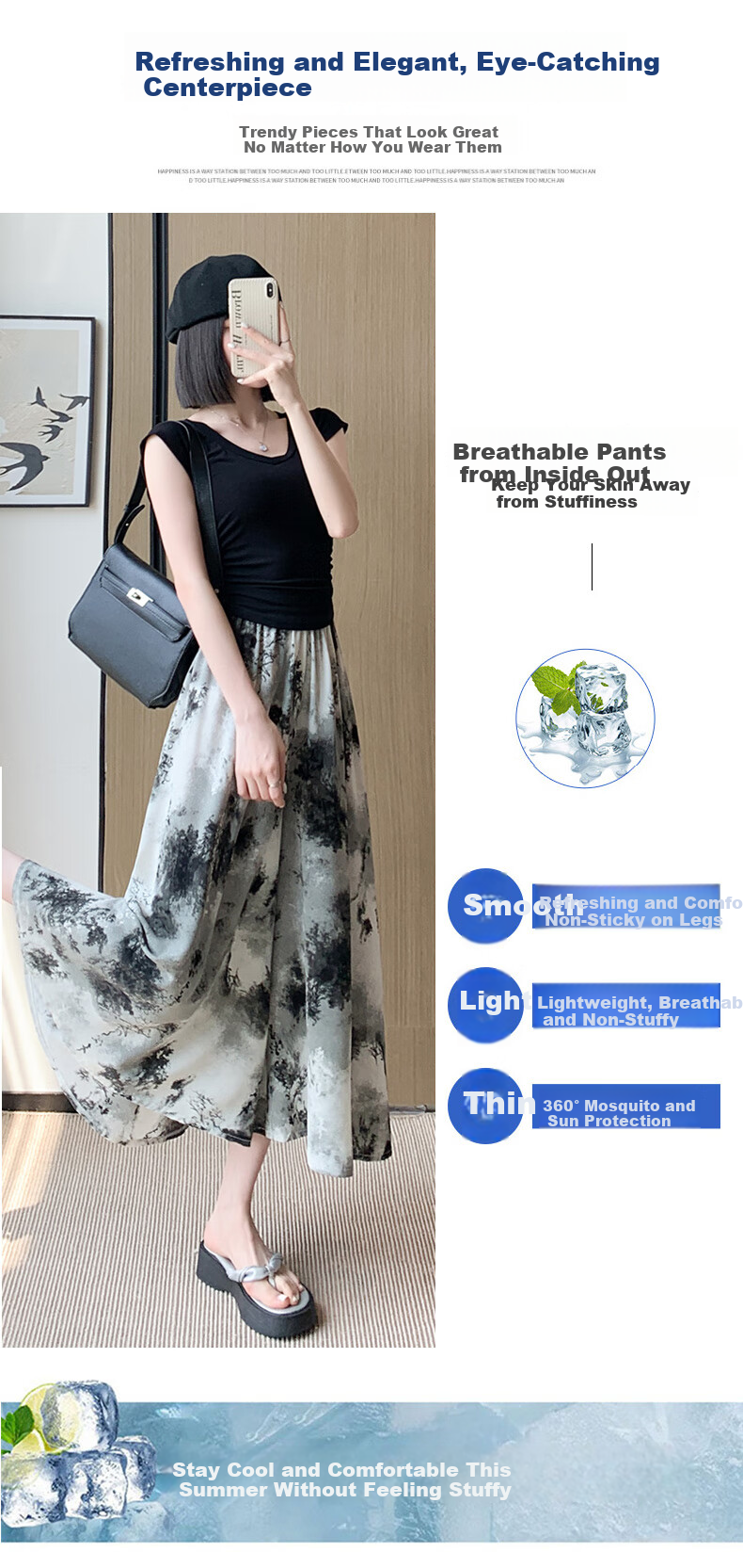 Langsha New Chinese Style Chiffon Skirt Pants for Women, Summer Lightweight New High-Waist Ink Painting Chinese Style Wide-Leg Trousers 5