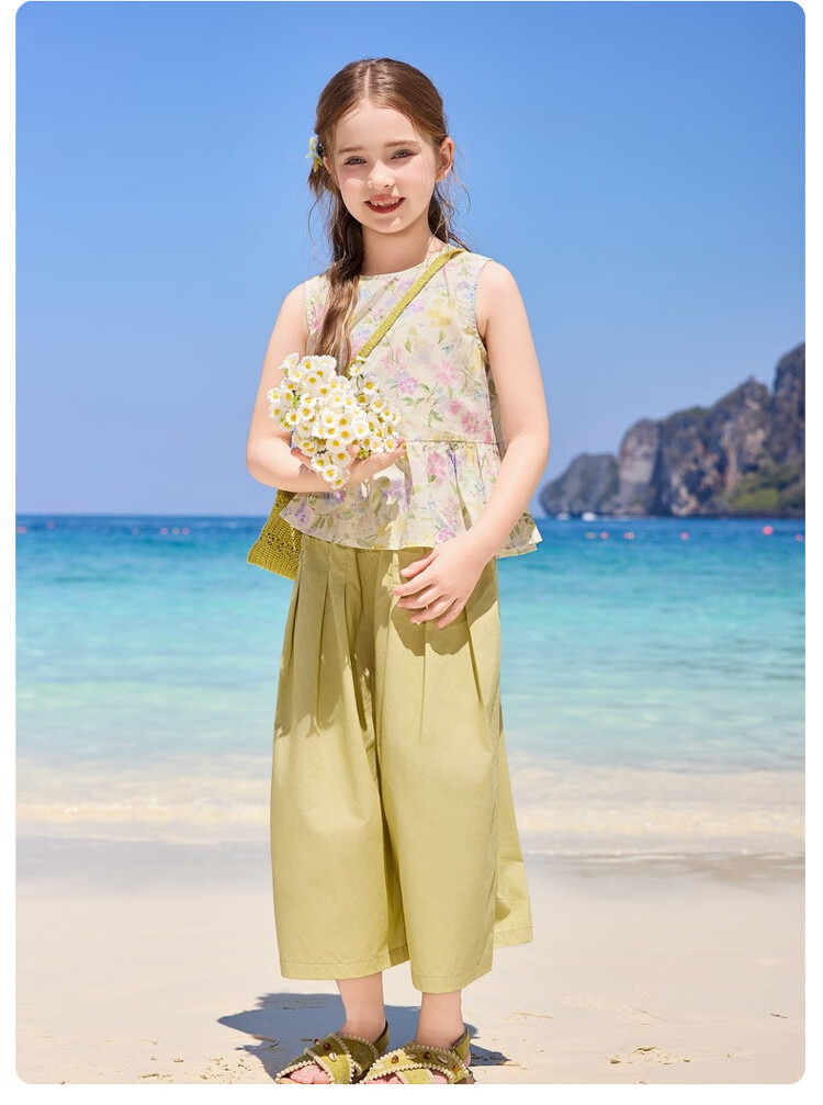 ASK JUNIOR 2026 Summer Kids Sleeveless Floral Top and Lantern Pants Set for Girls 16