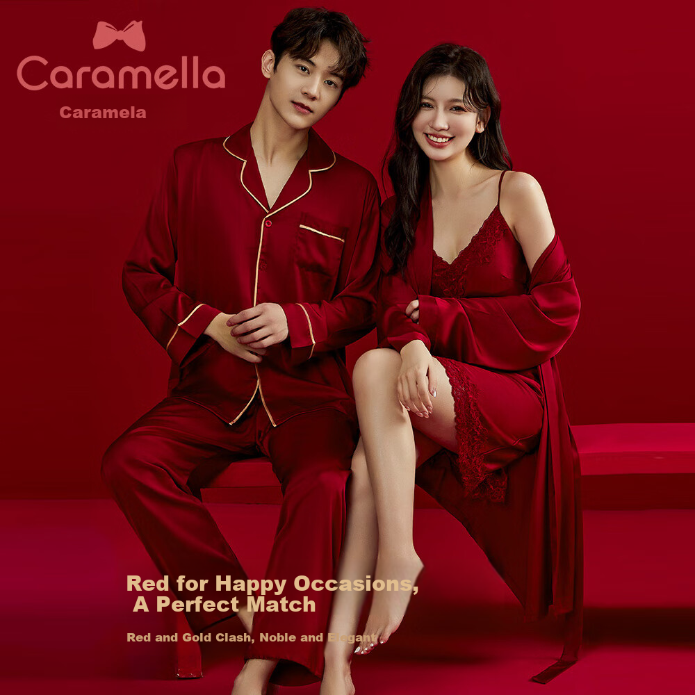 Caramella Women's Loungewear Set Unisex Wedding Newlywed Ice Silk Robe Bride Red Couple Pajamas Men