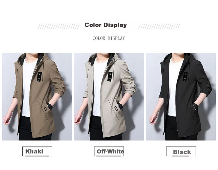 TUCANO Men's Spring and Autumn Casual Loose Mid-Length Trench Coat Jacket Hooded Korean Style Khaki 3XL 4