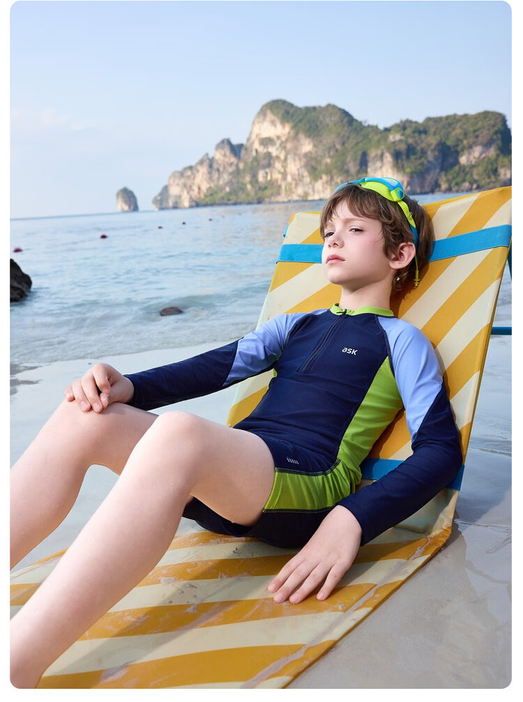 ASK JUNIOR Kids Swimwear with Swim Cap Summer Boys Two-Piece Long Sleeve Swimsuit and Shorts Set Professional Training Suit 12