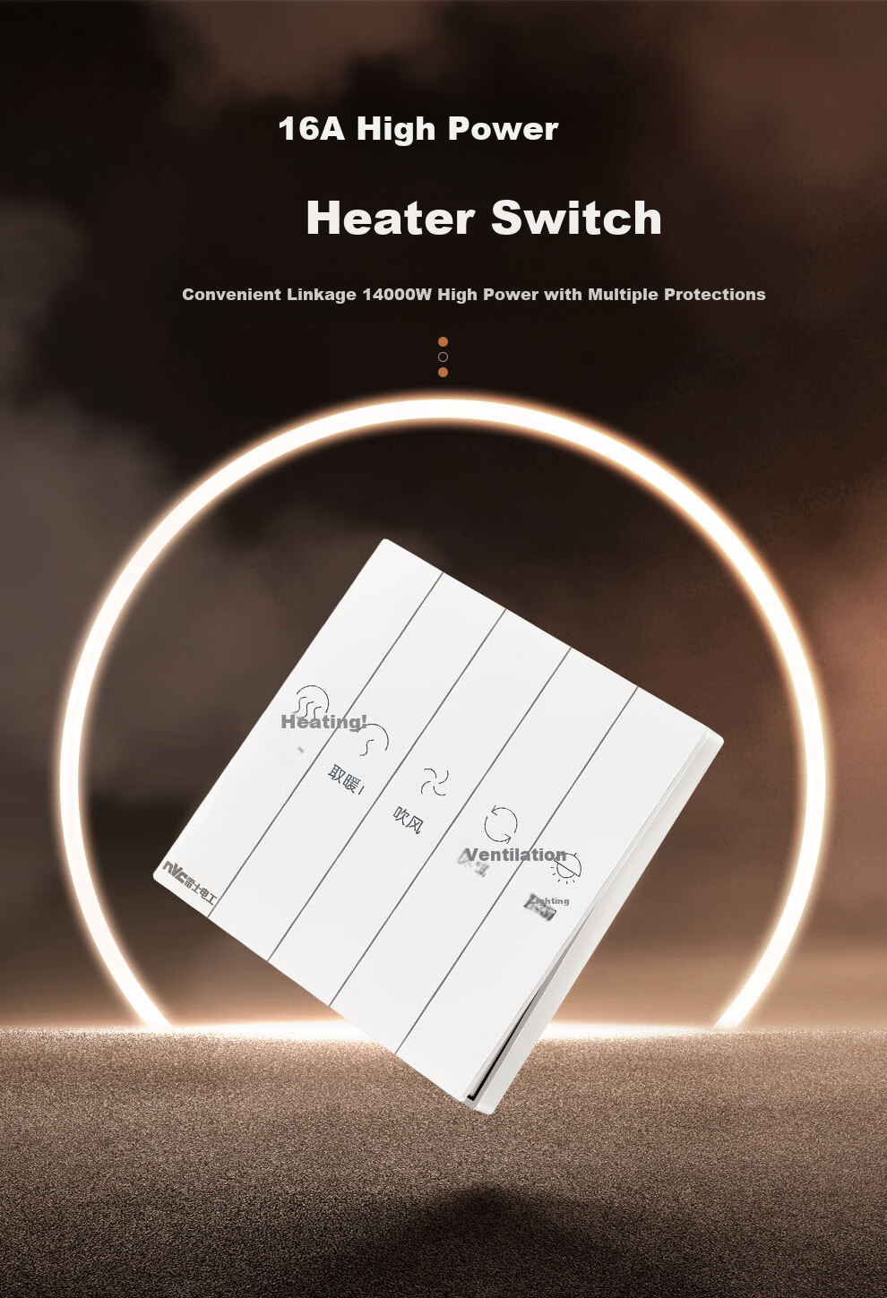 NVCleishidiangong Switch Socket, 86-Type Universal Bathroom Multi-Function Switch Panel, Four-Gang Bathroom Heater Switch, Gold Color 2
