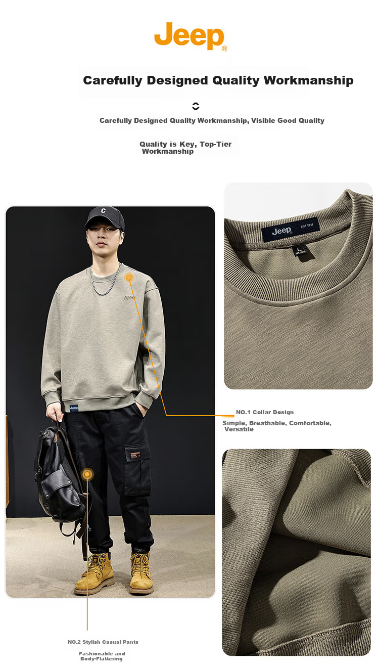 JEEP Men's Heavyweight Loose Fit Long Sleeve Sweatshirt Spring Autumn Khaki 2XL 2