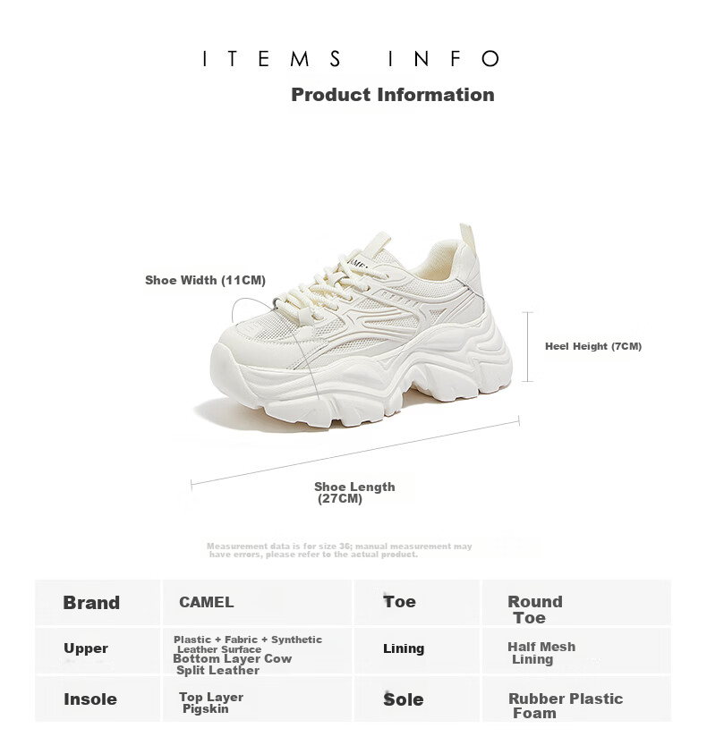 CAMEL Women's Dad Sneakers Thick Sole Casual Lightweight Breathable Soft Elastic Height Increasing Sports Shoes L24S283078 Black Size 37 23