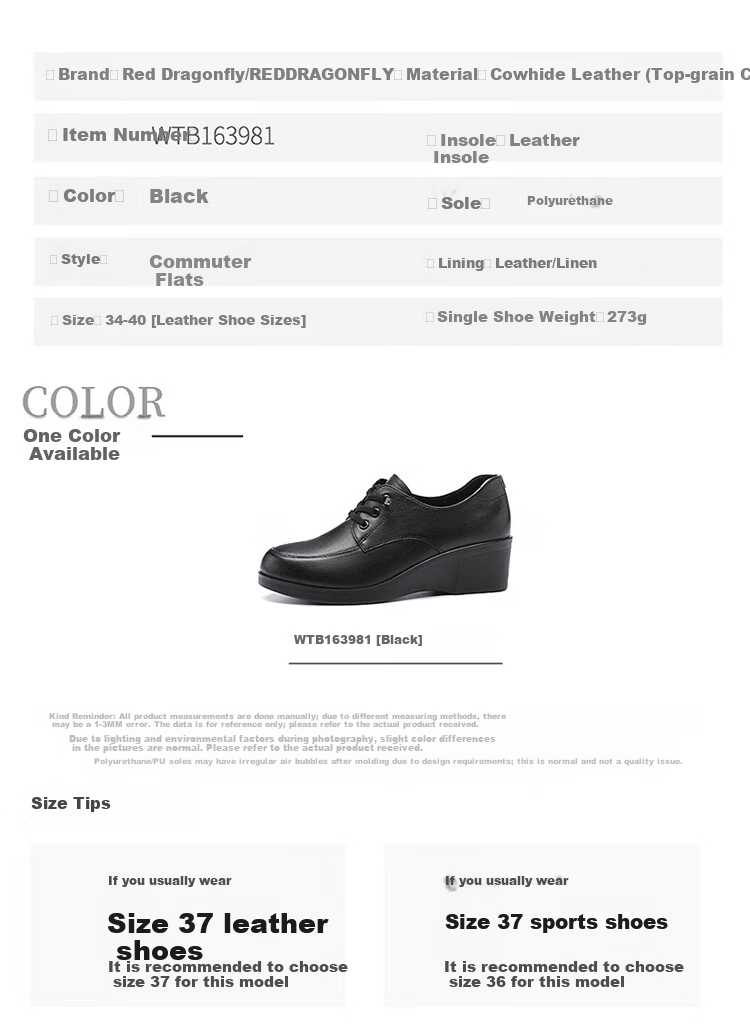 Red Dragonfly Women's Leather Comfortable Commuter Wedge Work Shoes WTB163981 Black Size 37 5
