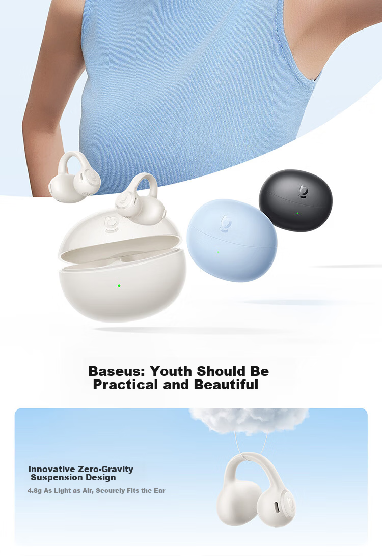 Baseus BC1 Lite 2026 Latest Bluetooth Ear Clip Open-Ear Sports Headset Long Battery Life Ear-Hanging Starry Blue 2