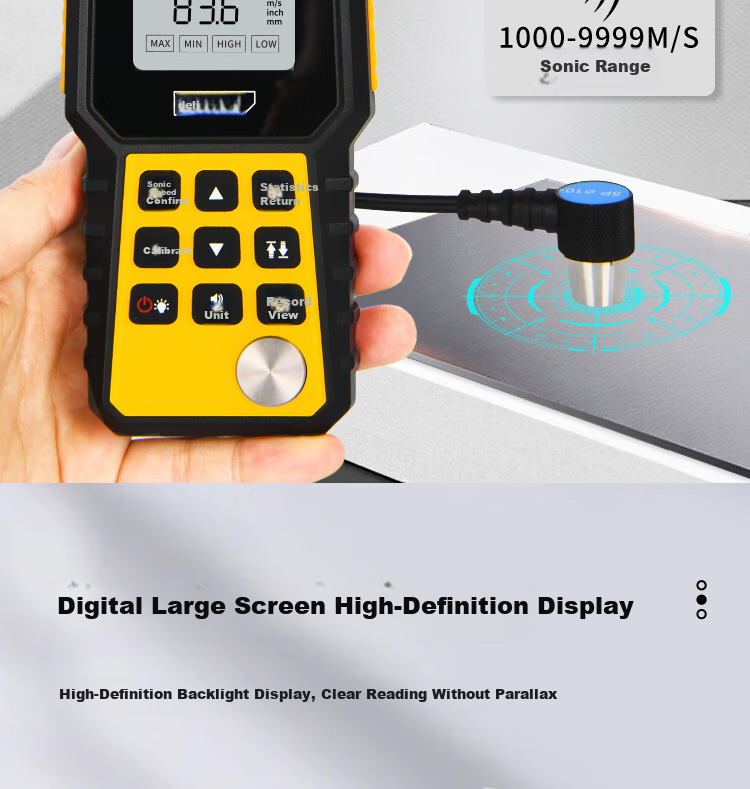 Deli Ultrasonic Thickness Gauge High Precision Steel Pipe Iron Plate Glass Plastic Ceramic Copper Aluminum Thickness Meter 1~300mm 7