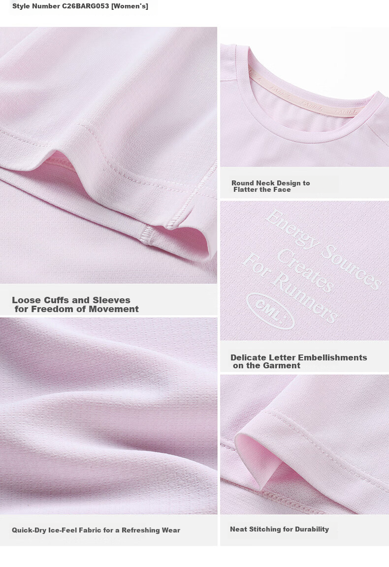 CAMEL Quick-Dry Women's Ice-Feel Sun Protection Crew Neck Short Sleeve Sports T-Shirt C26BARLG053 Morning Smoke Pink L 35