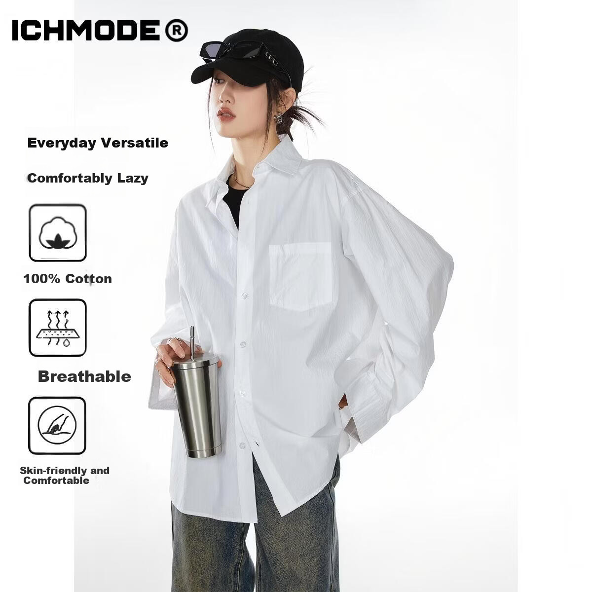 ICH MODE American Vintage White Shirt Women Casual Loose Fit Trendy Blouse Jacket Top Lazy Style White M