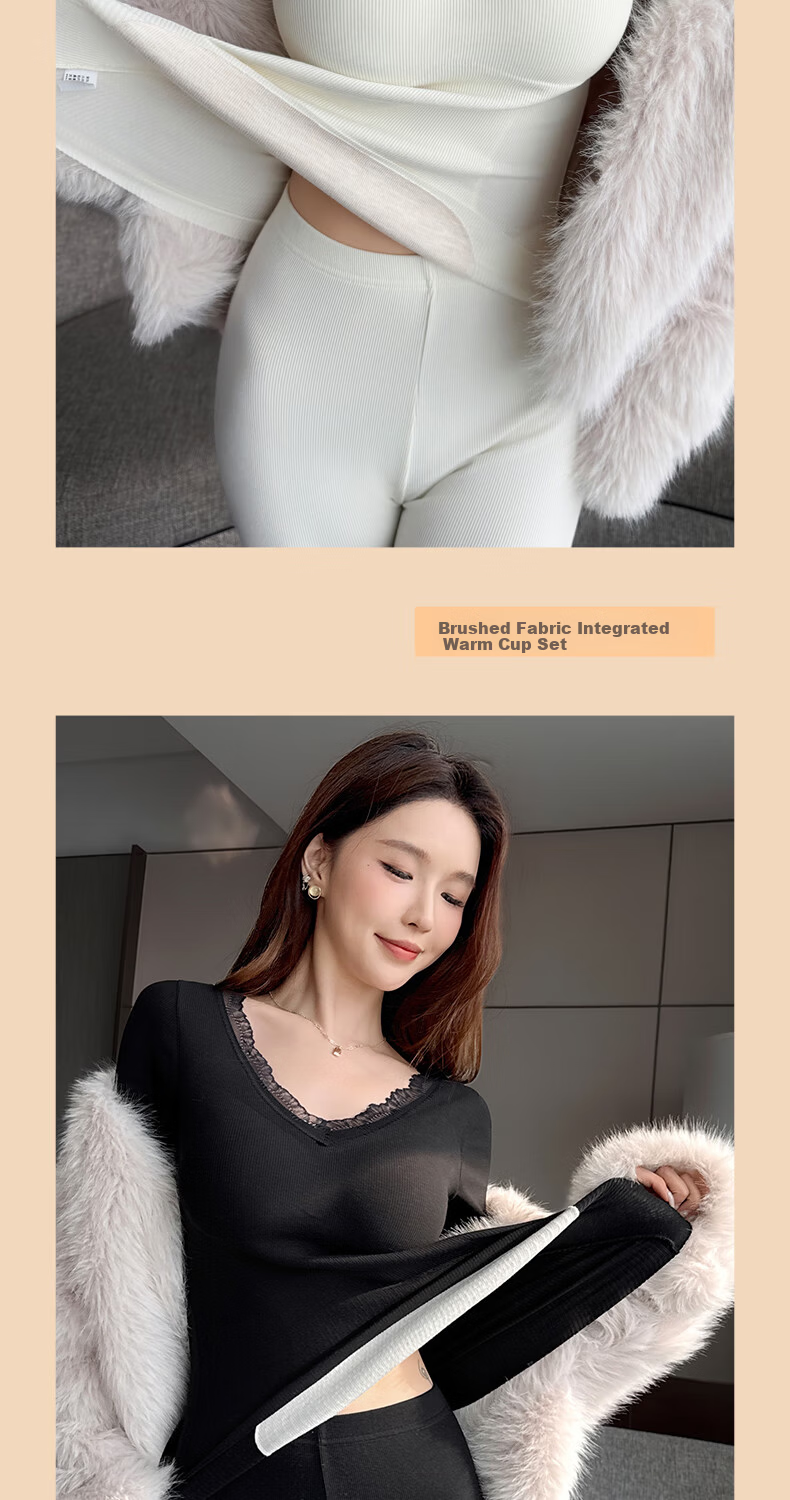 MiiOW Women's Thermal Underwear Set Cotton Slim Fit Fleece Lined Autumn Top and Bottom with Chest Pad Winter Base Layer 15