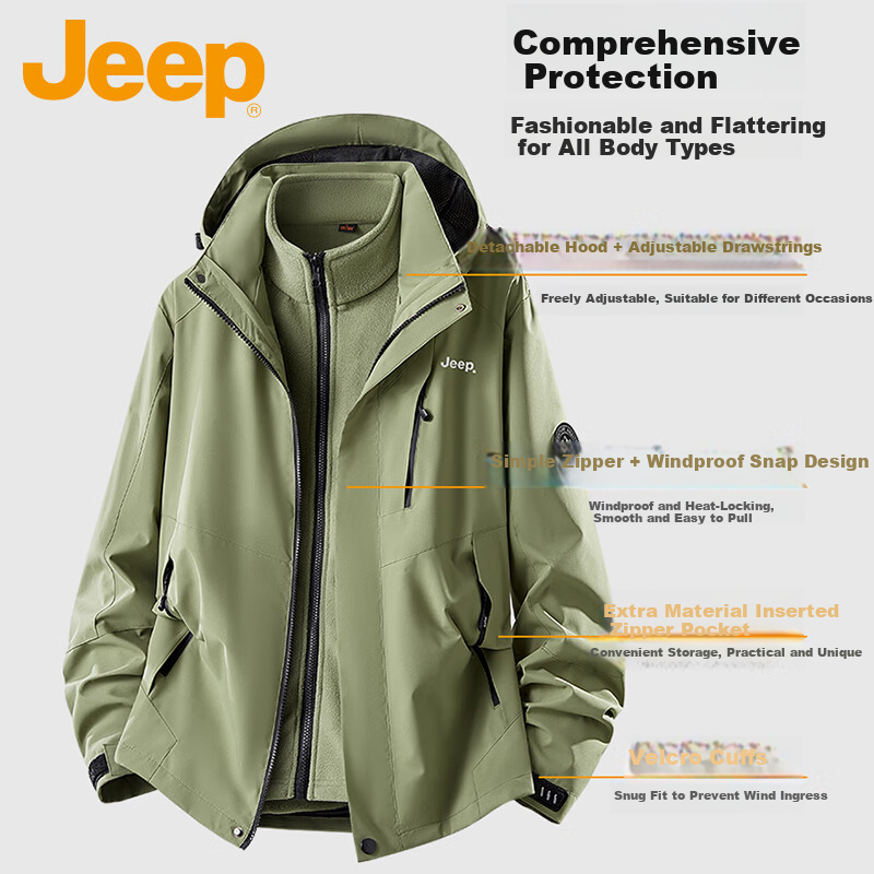 JEEP Men's 3-in-1 Jacket Autumn Winter Outdoor Warm Mountaineering Two-Piece Set Black XL