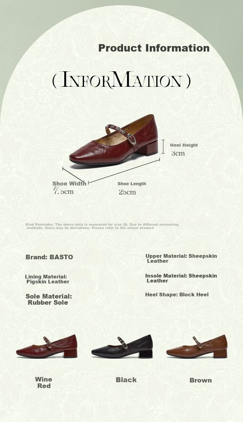 BASTO Monet Garden Spring 2026 French Style Lambskin Mary Jane Shoes for Women, Burgundy, Size 39, Model BN805AQ6 5
