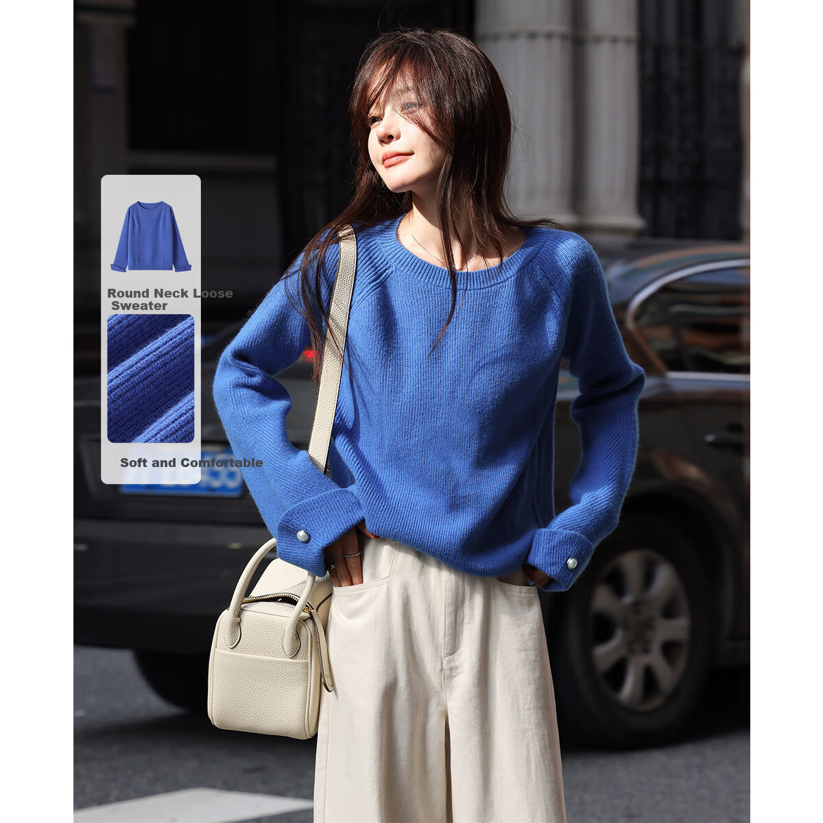 MT Klein Blue Series Spring Simple Style Crew Neck Rolled Sleeve Lazy Comfortable Knit Sweater for Women