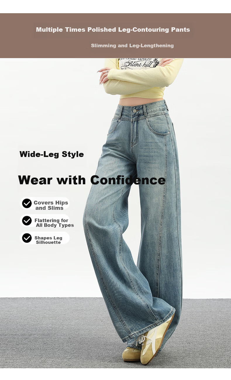 Jeanswest Women's Summer Wide-Leg Curved Seam High-Waist Slim Straight-Leg Blue Jeans XL 5
