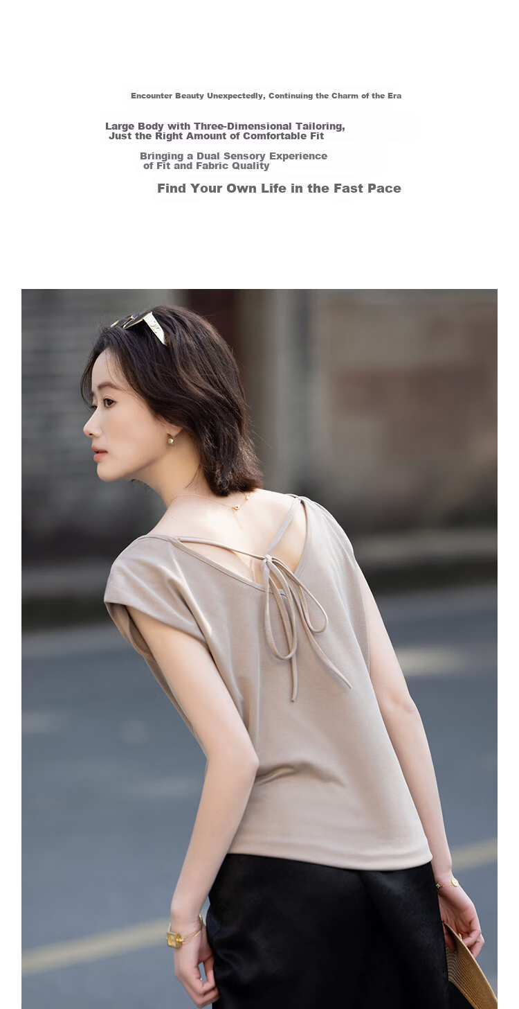 Demana Breathable Cupro Jersey Summer Elegant Draped Collar Raglan Deep V Back Tie Slimming T-Shirt for Women 3