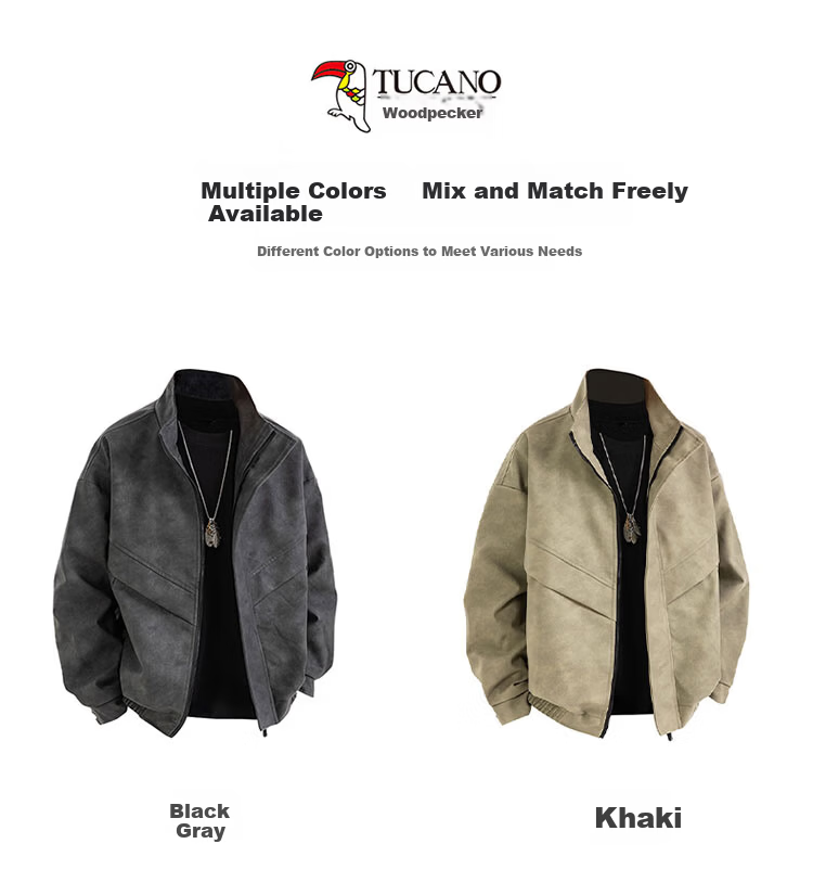 TUCANO Men's Leather Jacket Spring Autumn Loose Fit High-End Casual Windproof Retro Coat Black Gray M 4