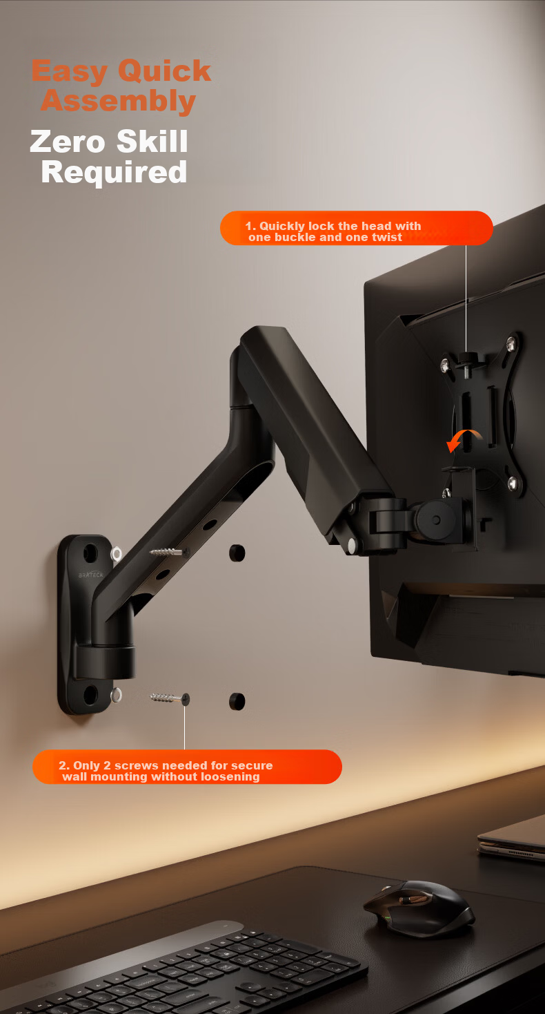 Brateck Beihu Monitor Mount Wall-Mounted Mechanical Arm Computer Stand Wall Clamp Base Screen Riser 17-40 inch E430B Dormitory Floating Support Arm 6