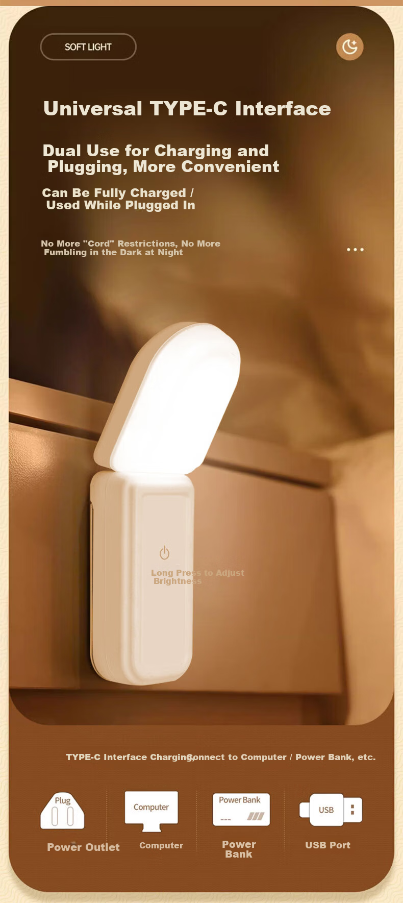 Jingqian Small Night Light Bedroom Bedside Reading Lamp Wall-Mounted Magnetic Rechargeable Desk Lamp Eye Protection Study Light 13