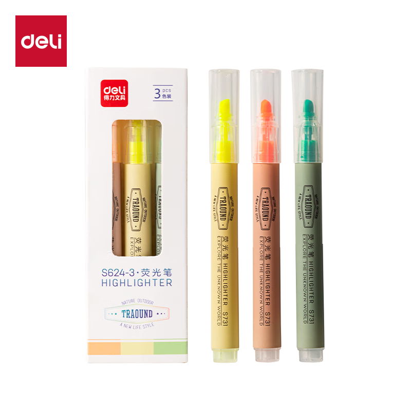 Deli Colorful Highlighters in Small Packs, Student Stationery for Exam Review, Markers for Note-Taking And Drawing, 3 Pens/Box S624-3