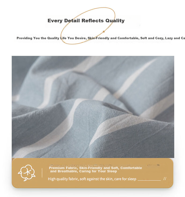 Grace Class A 7A Antibacterial Pure Cotton Duvet Cover 100% Cotton Double Quilt Cover Four Seasons Universal Striped Blue 180*220cm 7