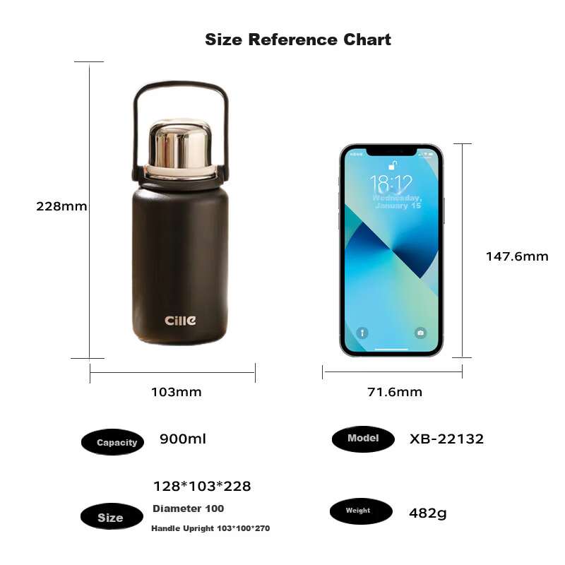Cille 316 Stainless Steel Insulated Water Bottle 900ml Unisex Outdoor Fitness Thermos Flask