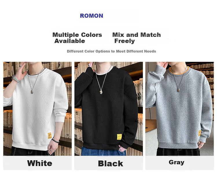 ROMON Men's Sweatshirt Spring and Autumn Casual Long Sleeve T-Shirt Loose Fit White 3XL 6
