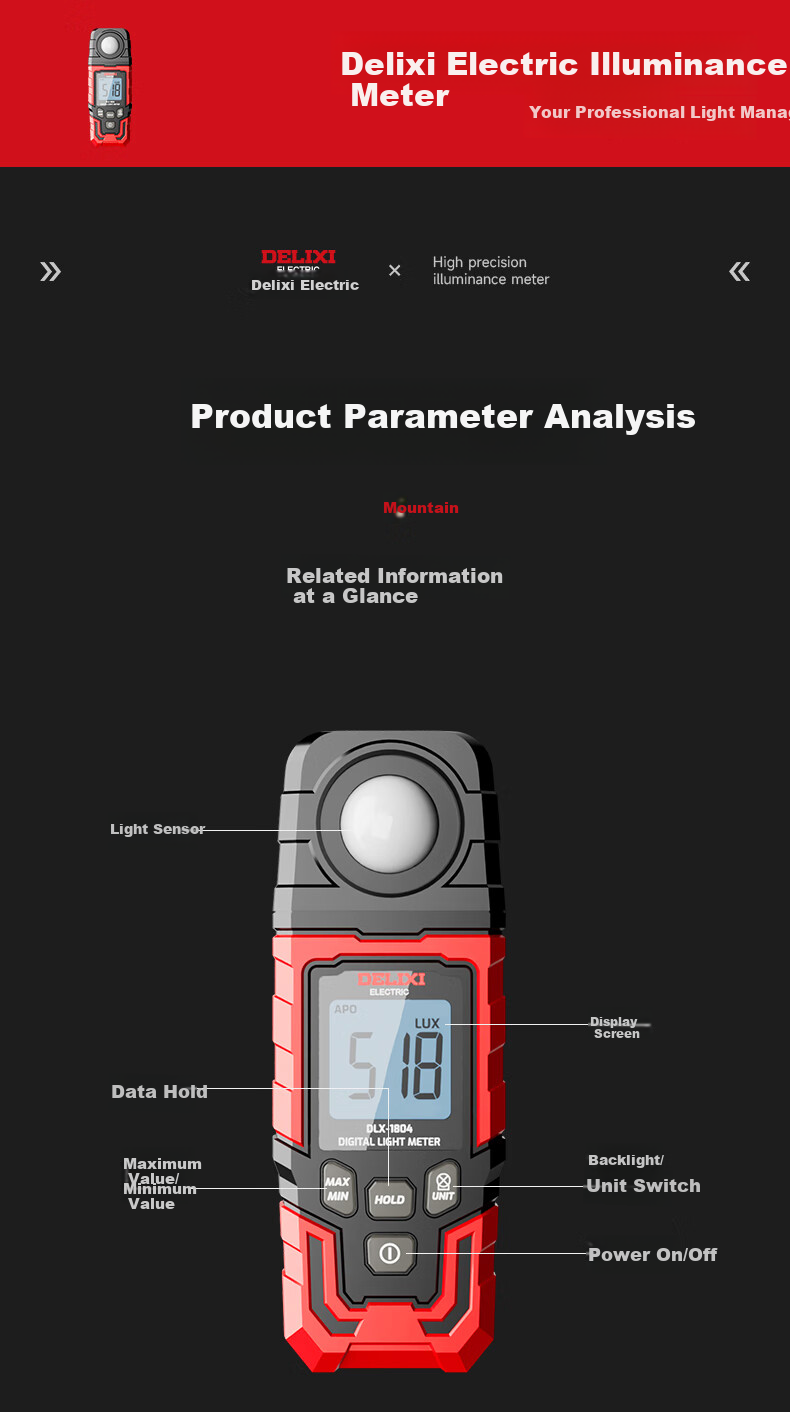 DELIXI ELECTRIC Digital Lux Meter Illuminance Meter Light Intensity Tester Brightness Detector Photometer Light Measurement Instrument 12