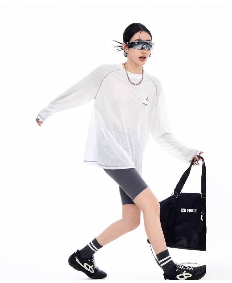 ICH MODE Lyocell Cross-Print Long-Sleeve T-Shirt, Physical Sun Protection Cover-Up for Women, Summer Hasselblad Online Top, White, Size S 21