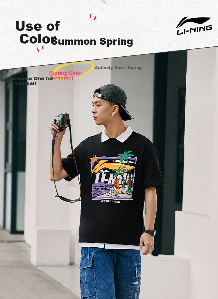 LI-NING Men's Summer 2026 New Comfortable Breathable Short Sleeve Crew Neck Casual Printed Sports T-Shirt 1