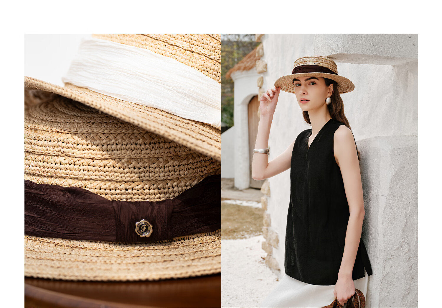 FANCET Women's Summer Hand-Crocheted Raffia Straw Breathable Sun Hat Vacation Lightweight Luxury Flat-Top Hat 11