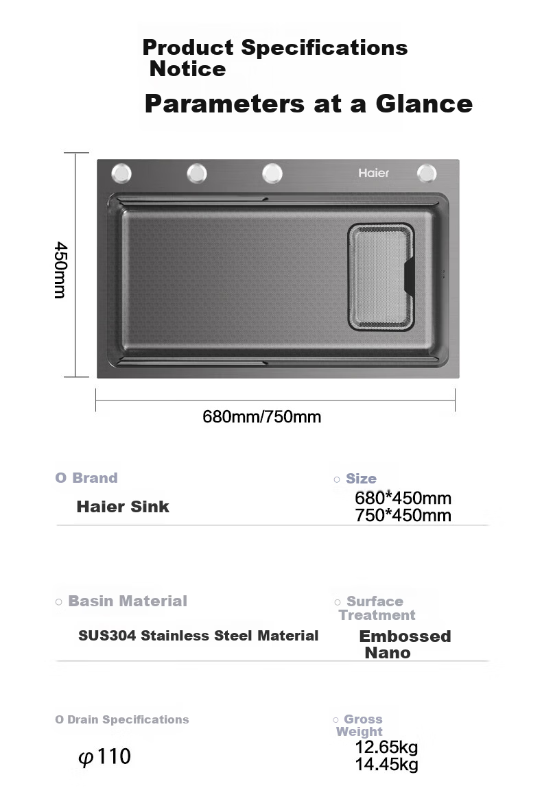 Haier 304 Stainless Steel Sink Textured Thickened Large Single Bowl 68x45 Vegetable Washing Basin with Pull-out Faucet H08 17