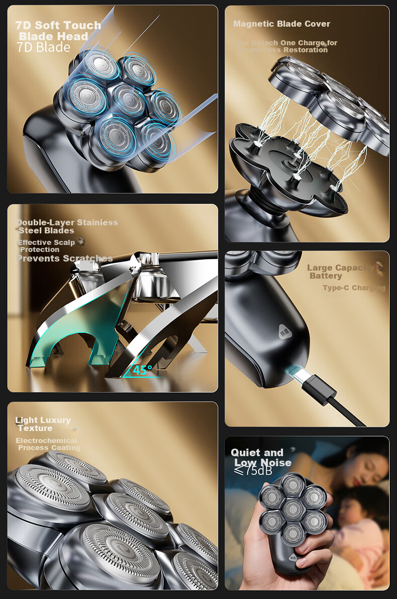 Yingqu Bald Head Shaver Electric Hair Clipper for Men with 7 Blades High Power Self-Service Haircut Tool 2