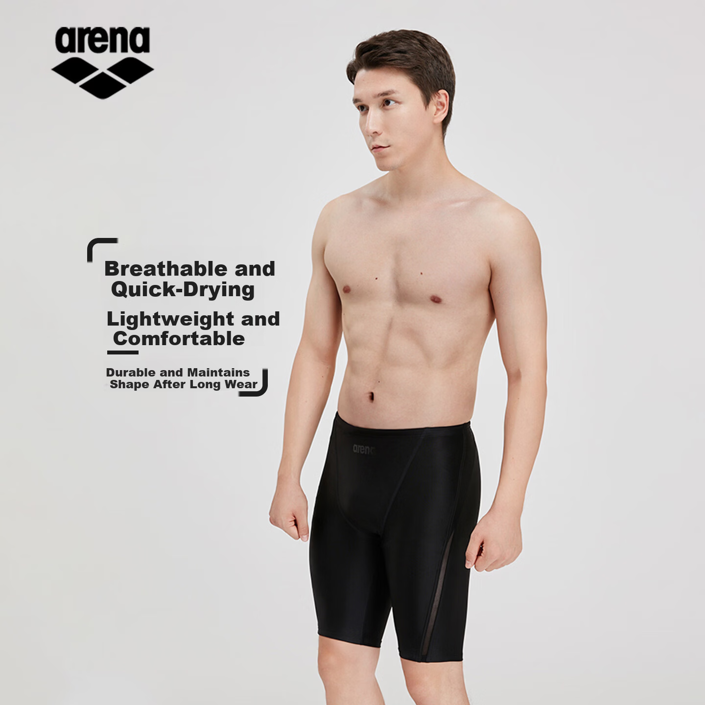 Arena Men's Professional Competition Knee-Length Swim Trunks High Elastic Chlorine-Resistant Quick-Dry Lightweight Comfortable UV Protection Anti-Embarrassment