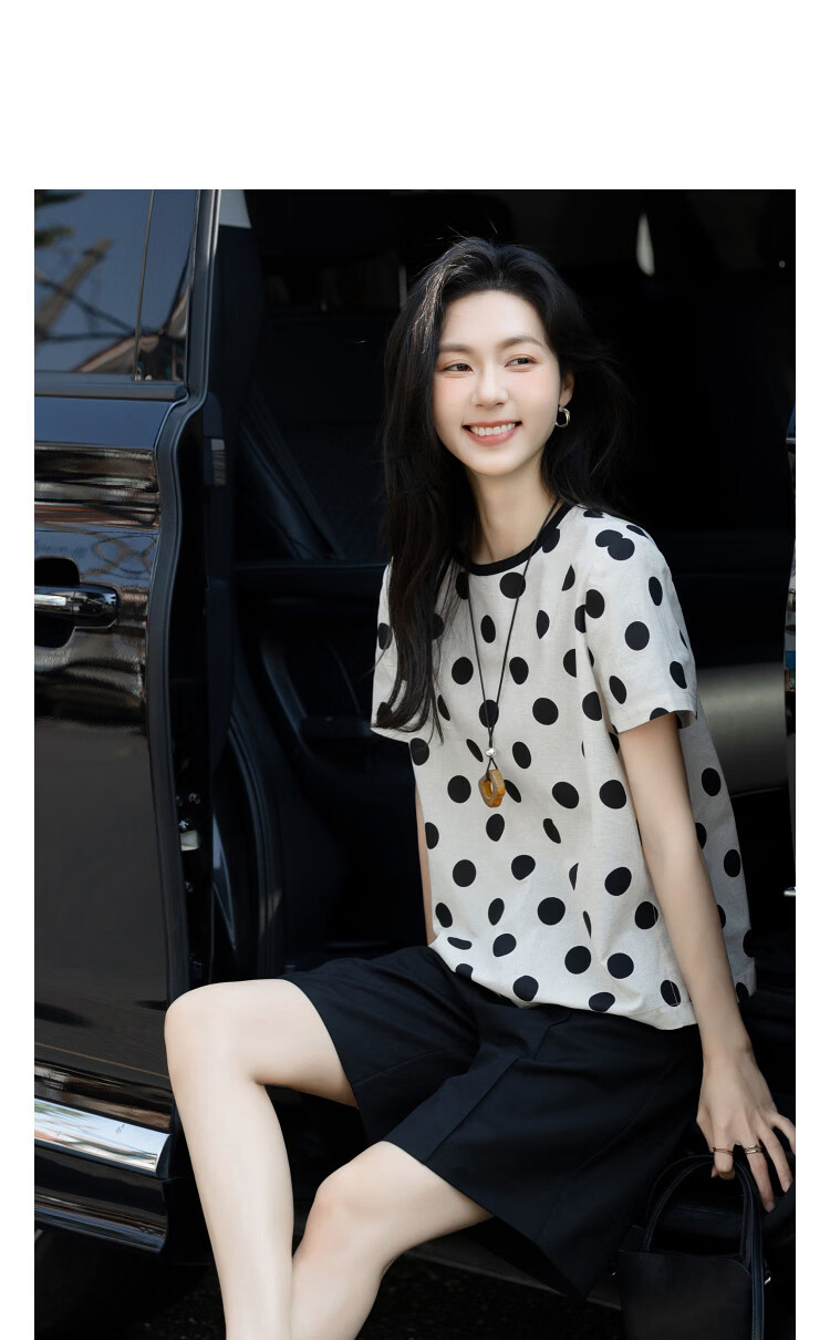 Demana [Linen Cotton Blend] Summer Vintage Urban Colorblock Crew Neck Polka Dot Print Loose Slimming T-Shirt for Women Premium 11