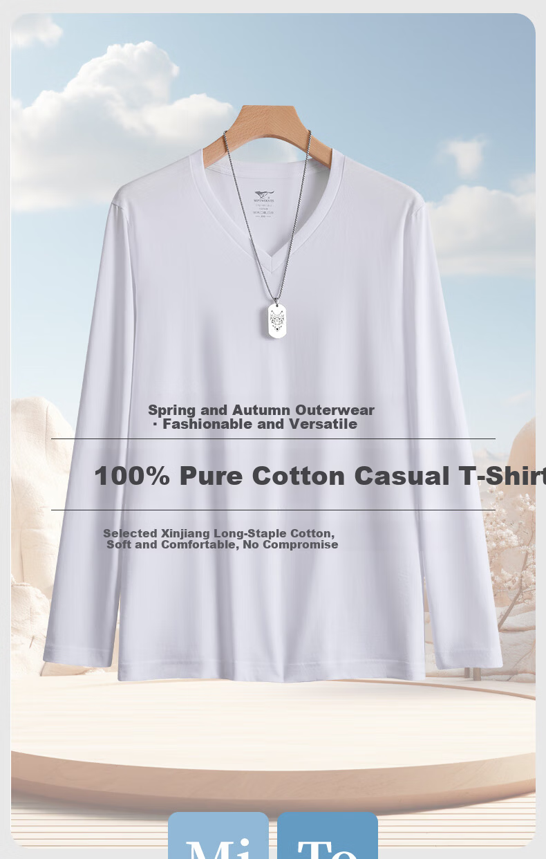 Seven Wolves 100% Cotton Men's Long Sleeve V-Neck T-Shirt Solid Color Sportswear Basic Shirt 1