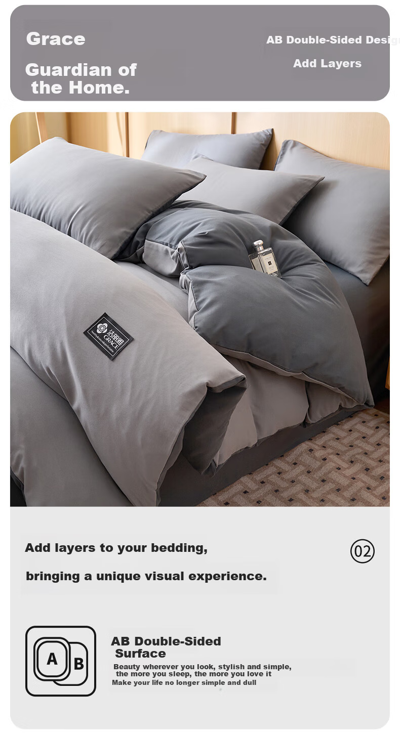 Grace 10A Antibacterial Skin-Friendly 4-Piece Bedding Set 1.5/1.8m Bed Sheet Pillowcase Duvet Cover 200x230cm 4