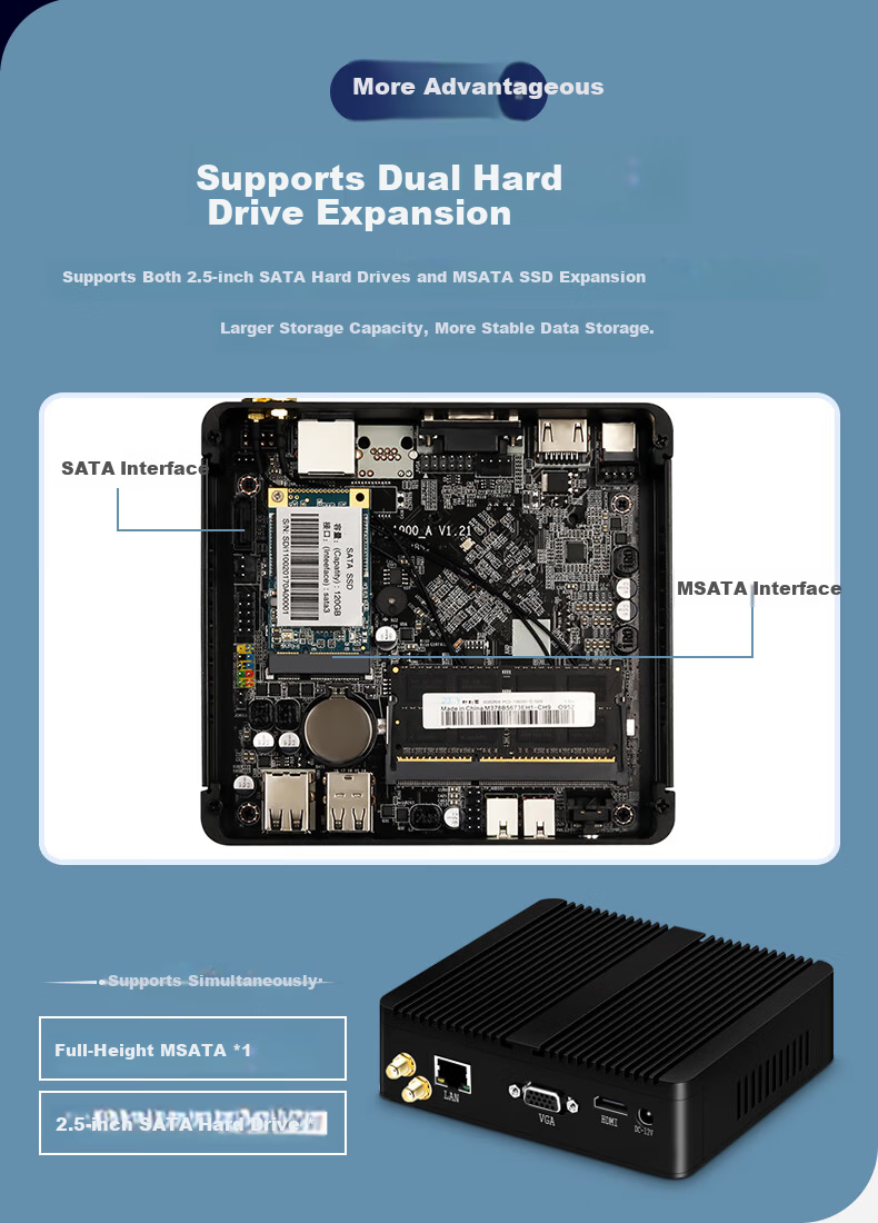 Xinchuang Cloud Mini PC Micro Industrial Control Embedded Fully Enclosed Mini Desktop Business Office Portable Desktop 4GB RAM + SSD MSATA Mini 128GB Hard Drive 7