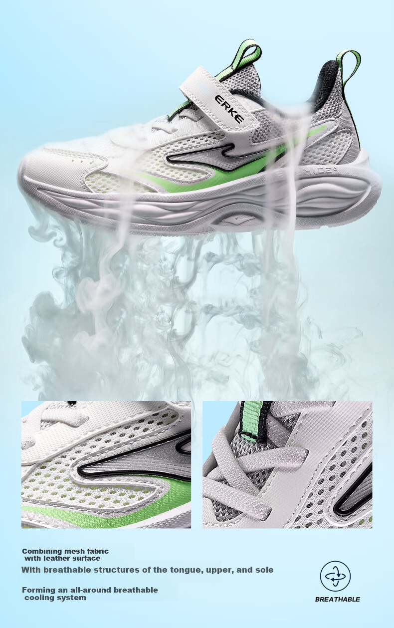 ERKE Kids Summer Mesh Boys and Girls Sports Shoes Children's Breathable Running Shoes Microcrystal White/Cloud Gray/Clean Water Color Size 36 4