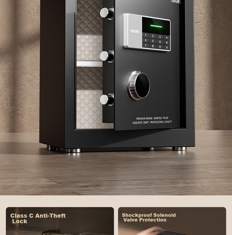 Deli Home Safe Box, Yao Zhen 60cm Fingerprint Unlock, All-Steel Anti-Theft Portable Small Gold Vault Can Be Used As Bedside Table, VA621 Gold 6