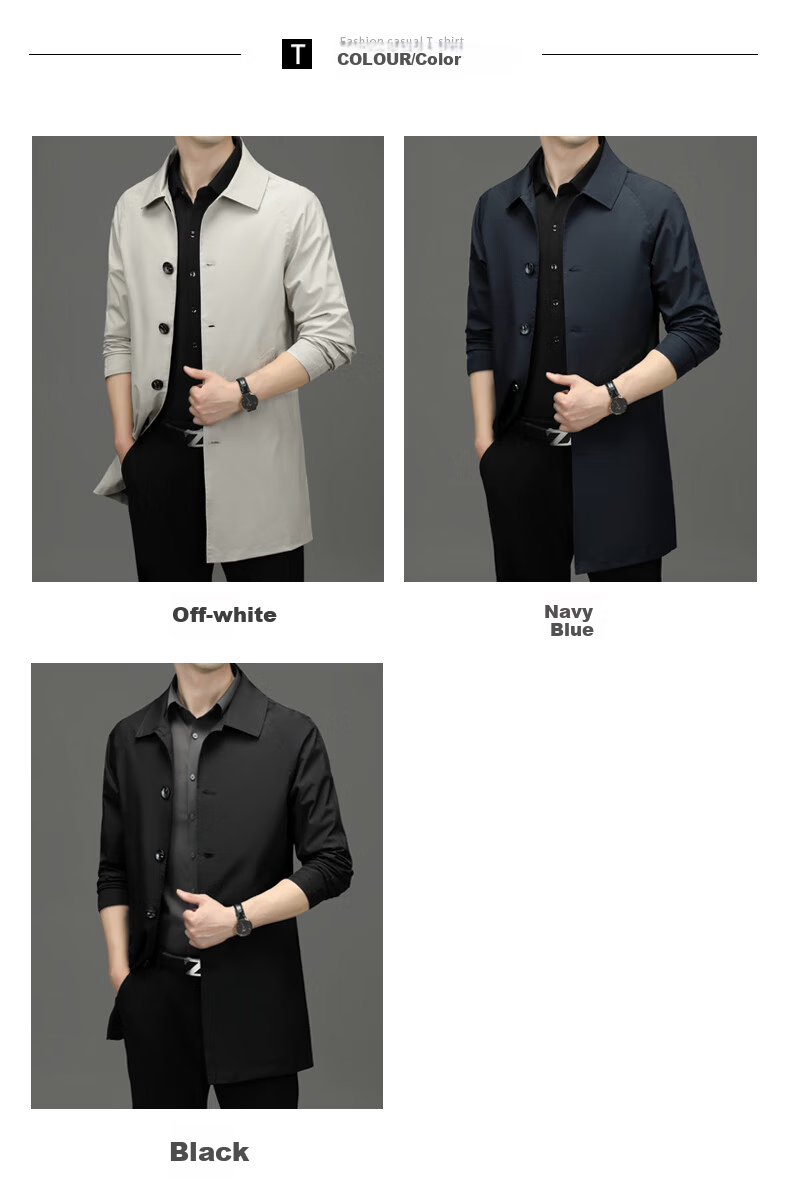 ROMON Men's Spring Autumn Business Casual Mid-Length Trench Coat Jacket D-2021 Off-White M 9