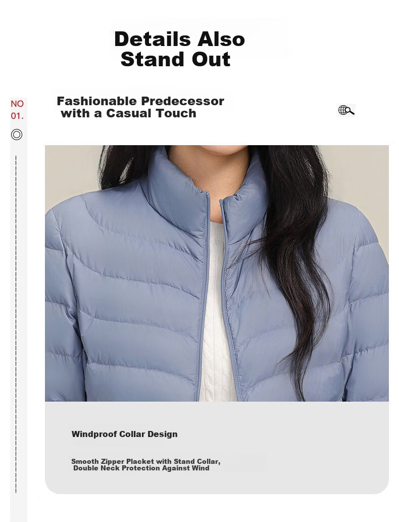 YAYA Lightweight Down Jacket Women Autumn Winter Thin Short Lightweight Warm Stand Collar Fashion Casual Coat 3