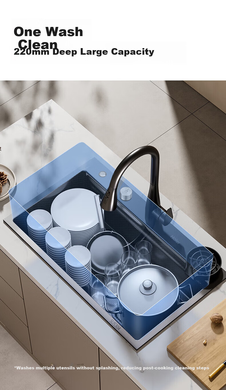 Haier 304 Stainless Steel Sink Textured Thickened Large Single Bowl 68x45 Vegetable Washing Basin with Pull-out Faucet H08 13