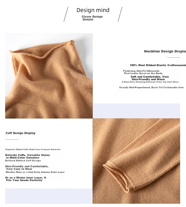 Hengyuanxiang 100% Pure Wool Women's Sweater Autumn Winter Turtleneck Thin Fashion Casual Knitwear Versatile Base Shirt Top 6