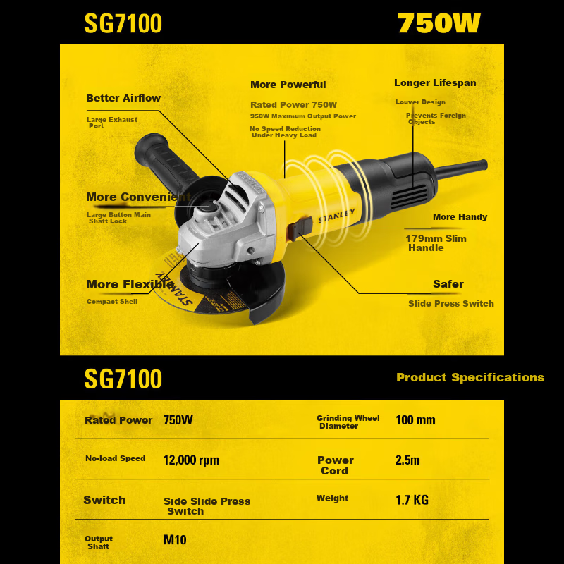 STANLEY SG7100 Angle Grinder Electric Tool with Pure Copper Motor